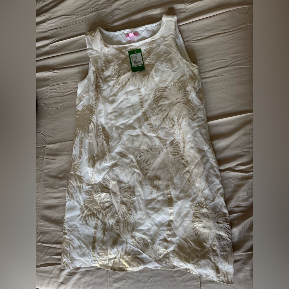 Lilly Pulitzer White and Gold Dress Calissa palm tree silk dress NWT XS - Picture 2 of 9